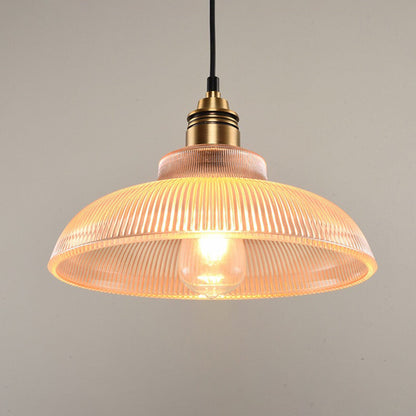 Glass Dome Pendant Light with Metal Frame for Dining Room & Bedroom – E27 Socket Industrial Style Hanging Fixture Clear or Amber Shade