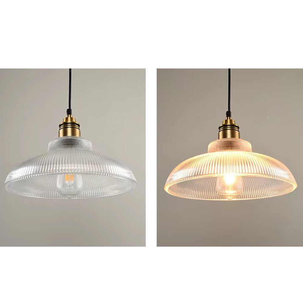Glass Dome Pendant Light with Metal Frame for Dining Room & Bedroom – E27 Socket Industrial Style Hanging Fixture Clear or Amber Shade