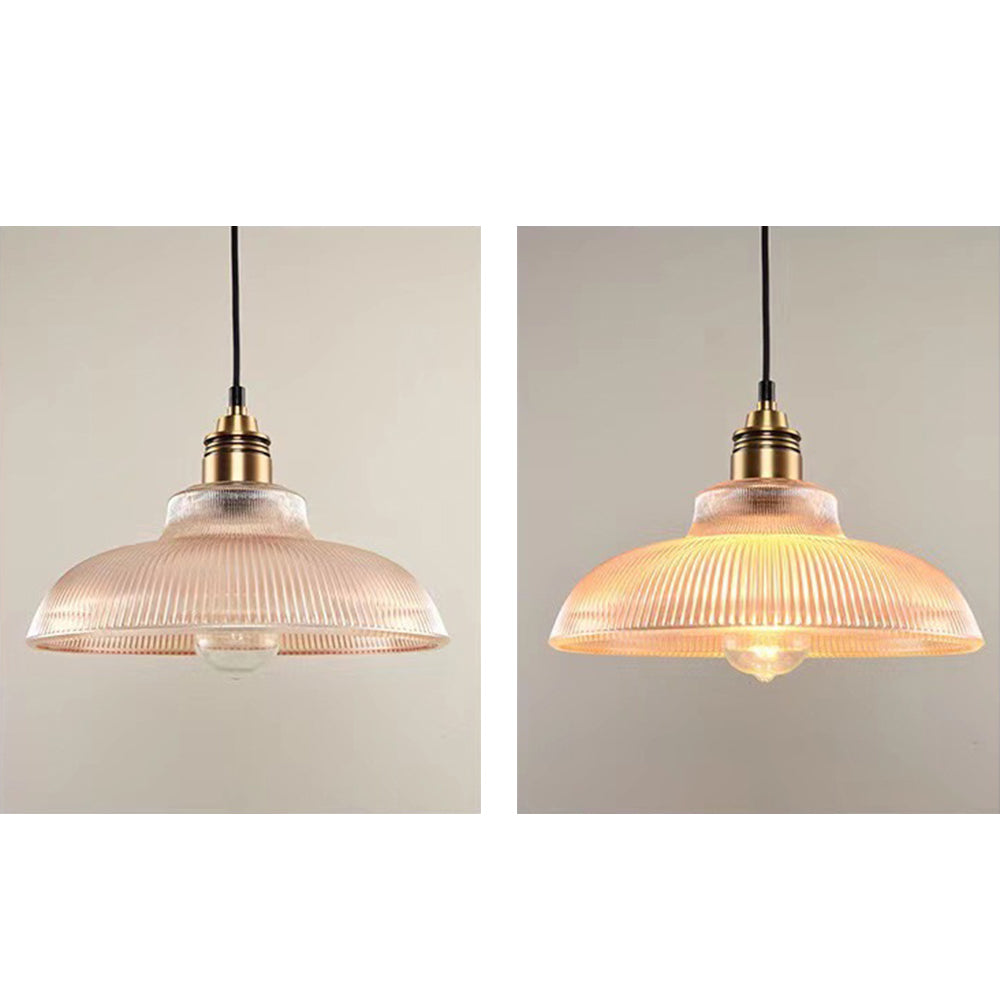 Glass Dome Pendant Light with Metal Frame for Dining Room & Bedroom – E27 Socket Industrial Style Hanging Fixture Clear or Amber Shade