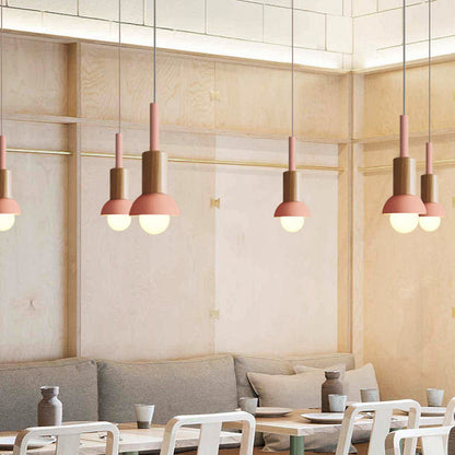 Wooden Pendant Light with Colorful Shade Scandinavian Modern Ceiling Fixture for Kitchen Dining Room Bedroom E26 Hardwired
