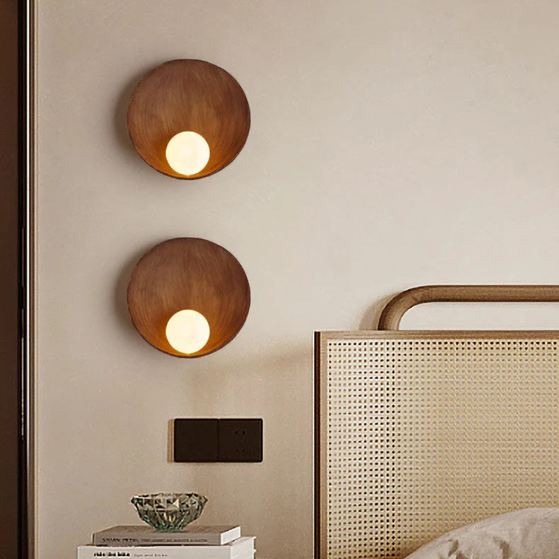 Frosted Globe Sconce Light 9-Inch Round Resin Fixture White Wood Finish Bedroom Hallway Soft G4 Bulb Socket Compact 5-Inch Depth