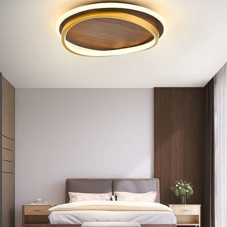 Round Flush Mount Ceiling Light with Wood-Grain Finish & Integrated LED for Living Room, Bedroom, Kitchen