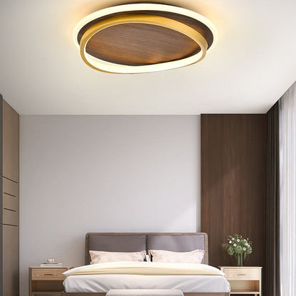 Round Flush Mount Ceiling Light with Wood-Grain Finish & Integrated LED for Living Room, Bedroom, Kitchen
