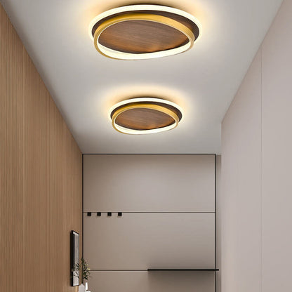 Round Flush Mount Ceiling Light with Wood-Grain Finish & Integrated LED for Living Room, Bedroom, Kitchen