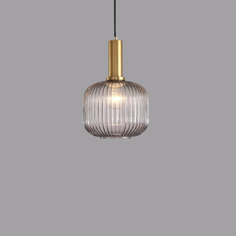 Ribbed Glass Cylinder Hanging Fixture Single-Bulb Suspension Lamp for Kitchen Island Dining Room Entryway