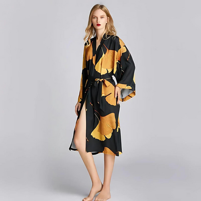 Bamboo Bathrobe - Lightweight Polyester, Ginkgo Leaf Print