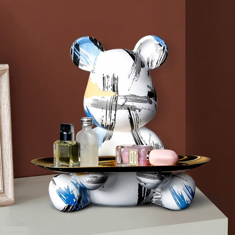 Bear Graffiti Painted Sculpture Table Tray – Unique Resin Art Decor for Home and Office