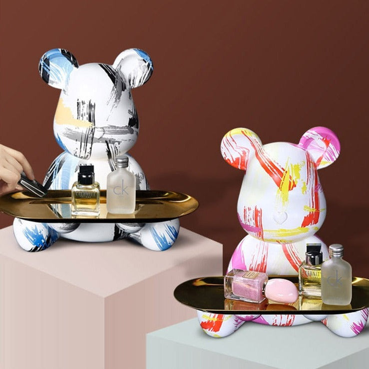 Bear Graffiti Painted Sculpture Table Tray – Unique Resin Art Decor for Home and Office