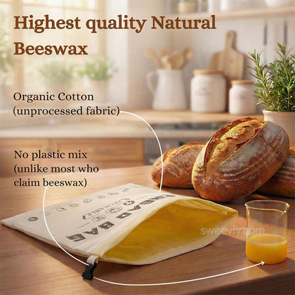 Organic Cotton Bread Bag with Pure Beeswax Lining | Reusable Bread Storage Pouch for Homemade Sourdough and Artisan Loaves | Kitchen Fresh-K