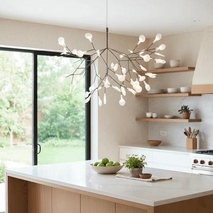 Branching LED Chandelier with Acrylic Petals Black Finish 20W Integrated Light Dimmable Remote Option Modern Statement Fixture Indoor Living