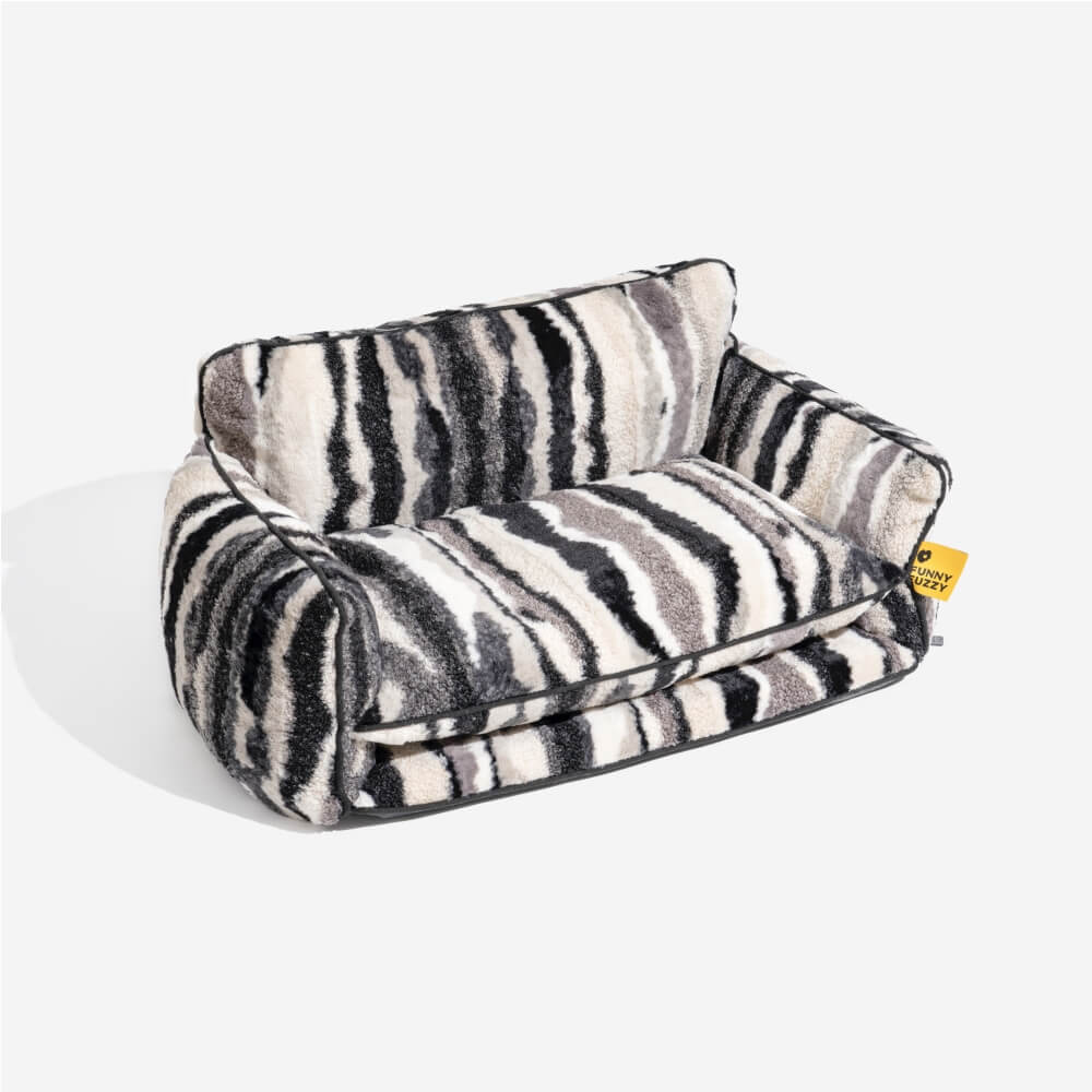 Plush Pet Couch with Washable Cover - Dual-Layer Cushioned Lounger for Dogs & Cats - Striped Fleece Nap Spot