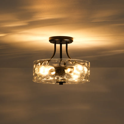 Textured Glass Semi-Flush Ceiling Light 12 Inch Round Drum for Bedrooms Bathrooms Hallways Entryways Compact Spaces Two Bulb Metal Frame Mod