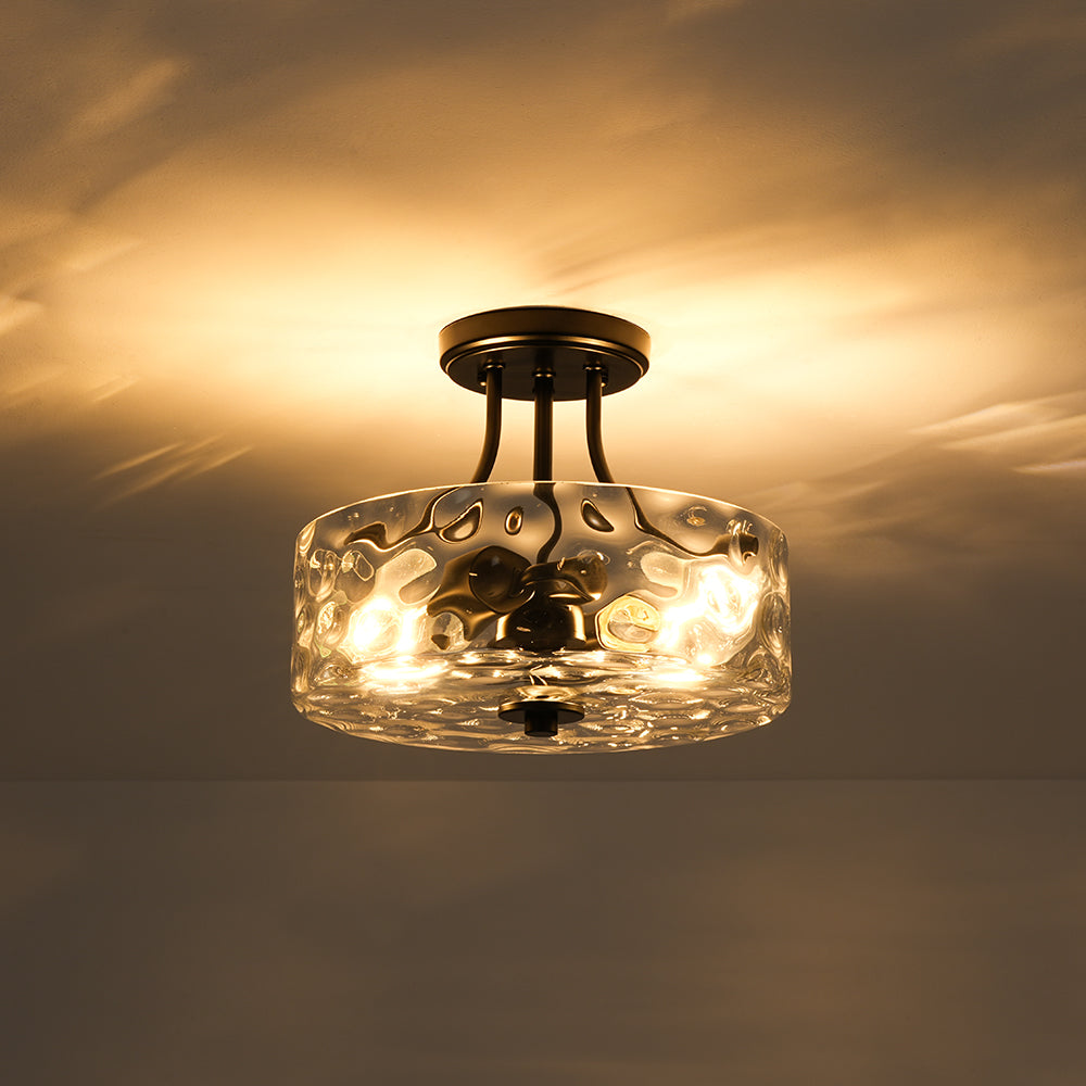 Textured Glass Semi-Flush Ceiling Light 12 Inch Round Drum for Bedrooms Bathrooms Hallways Entryways Compact Spaces Two Bulb Metal Frame Mod