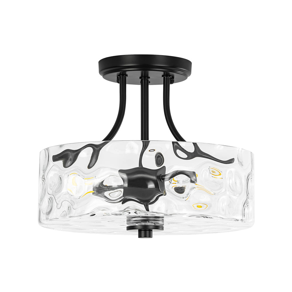 Textured Glass Semi-Flush Ceiling Light 12 Inch Round Drum for Bedrooms Bathrooms Hallways Entryways Compact Spaces Two Bulb Metal Frame Mod