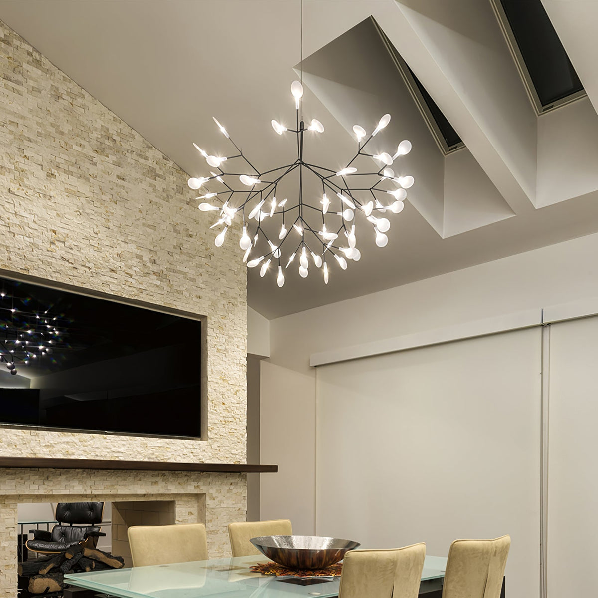 Branching LED Chandelier with Acrylic Petals Black Finish 20W Integrated Light Dimmable Remote Option Modern Statement Fixture Indoor Living