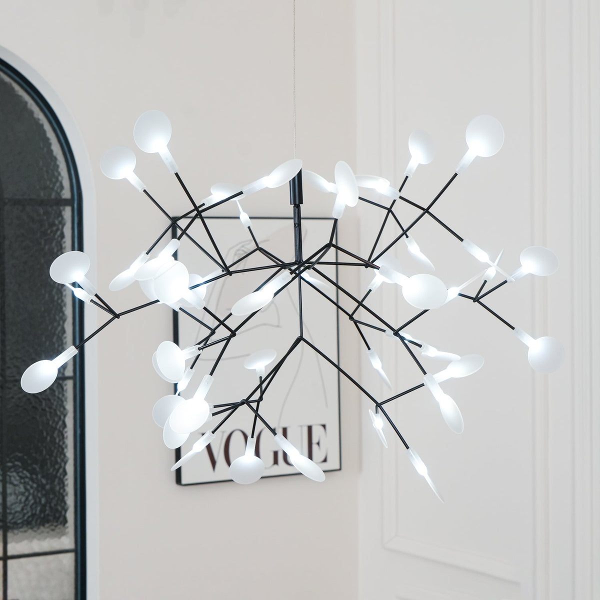 Branching LED Chandelier with Acrylic Petals Black Finish 20W Integrated Light Dimmable Remote Option Modern Statement Fixture Indoor Living