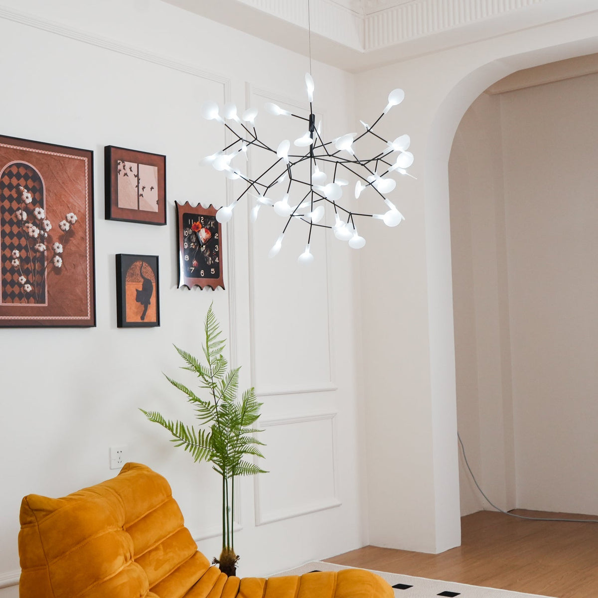 Branching LED Chandelier with Acrylic Petals Black Finish 20W Integrated Light Dimmable Remote Option Modern Statement Fixture Indoor Living