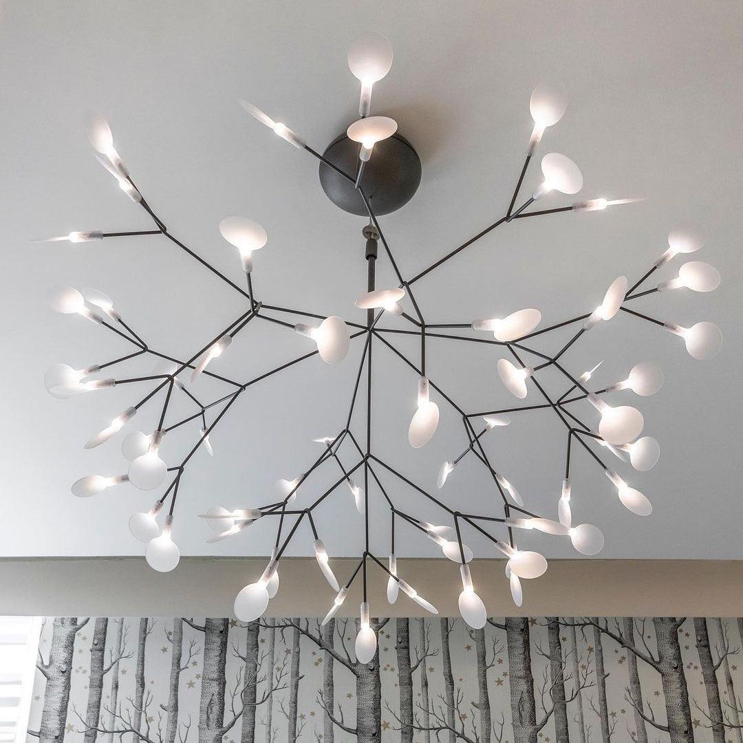 Branching LED Chandelier with Acrylic Petals Black Finish 20W Integrated Light Dimmable Remote Option Modern Statement Fixture Indoor Living