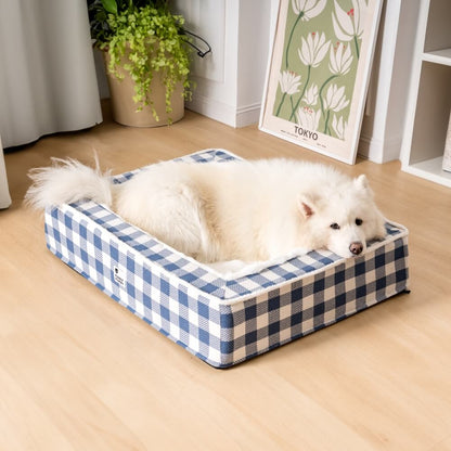 Plaid Raised-Edge Dog Bed with Memory Foam Bolster Support for Calming Sleep | Small to Extra Large Sizes | Classic Checkered Pattern Pet