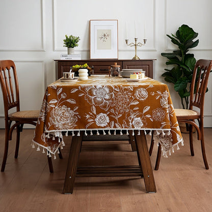 Pavo Floral Tablecloth - Microfiber Polyester, Tassel Trimmed