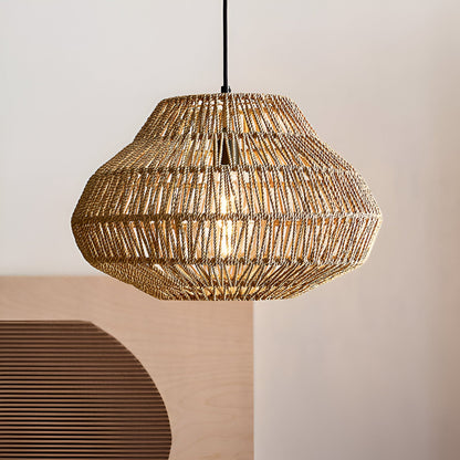 Woven Hanging Lamp Natural Fiber Shade Adjustable Height Ceiling Light for Dining Table Kitchen Island Bedroom Boho Coastal Japandi