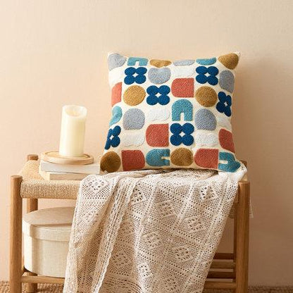 Boho Throw Pillow with Abstract Embroidery – Soft Decorative Cushion in Earth Tones