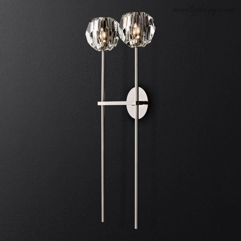 Crystal Globe Double Sconce Wall Light in Brass or Nickel – Two-Bulb Fixture for Living Room & Hallway