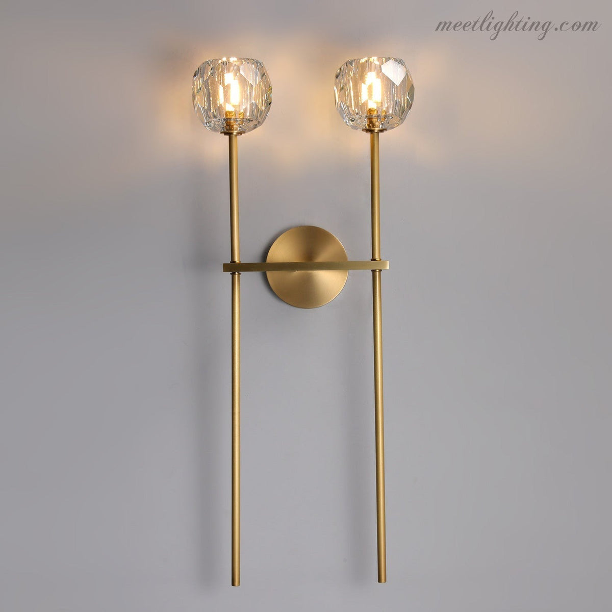 Crystal Globe Double Sconce Wall Light in Brass or Nickel – Two-Bulb Fixture for Living Room & Hallway