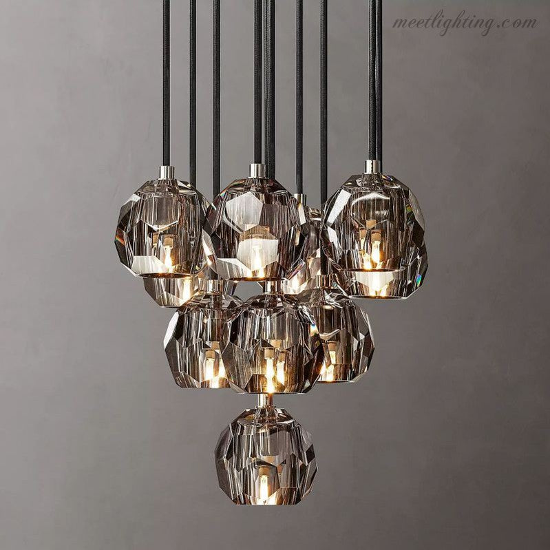 10-Light Crystal Globe Cluster Chandelier 14 Inch Dining Room Foyer Entryway Ceiling Fixture Adjustable Height Brass Nickel Black