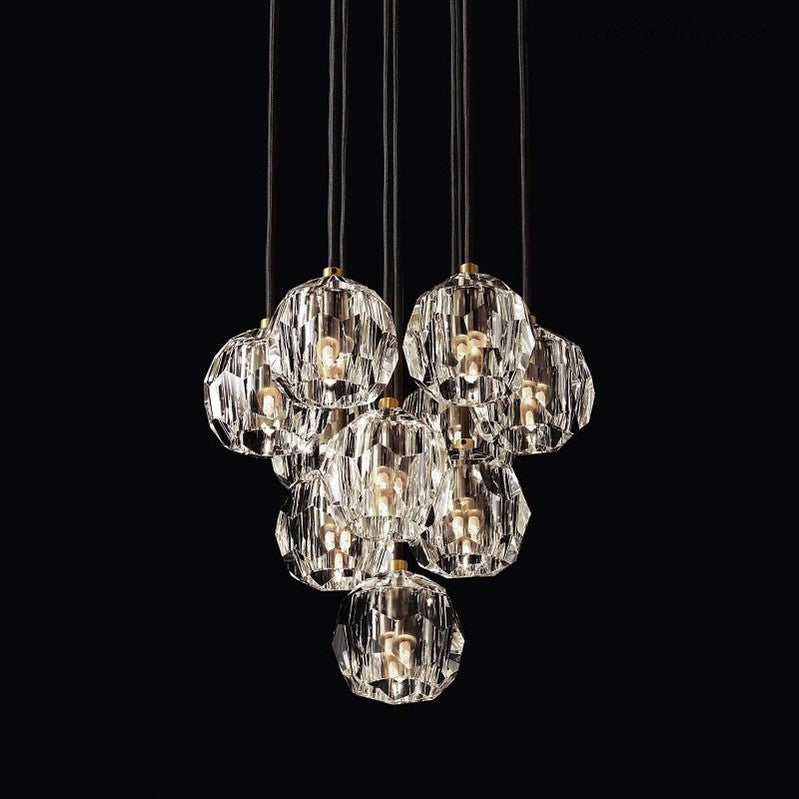 10-Light Crystal Globe Cluster Chandelier 14 Inch Dining Room Foyer Entryway Ceiling Fixture Adjustable Height Brass Nickel Black