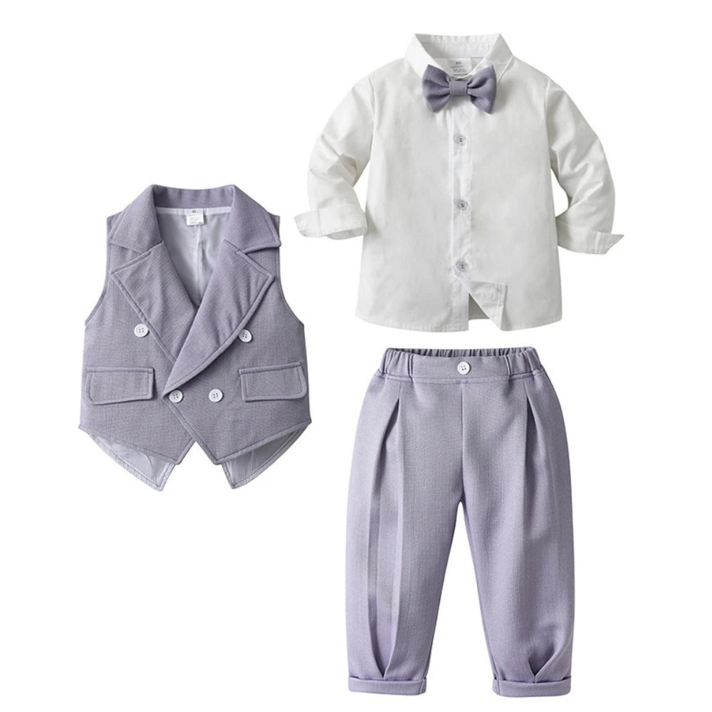 Boys 3-Piece Formal Suit Set with Shirt, Vest, Pants & Bow Tie for Weddings, Parties & Special Occasions | Soft Cotton Dress Outfit