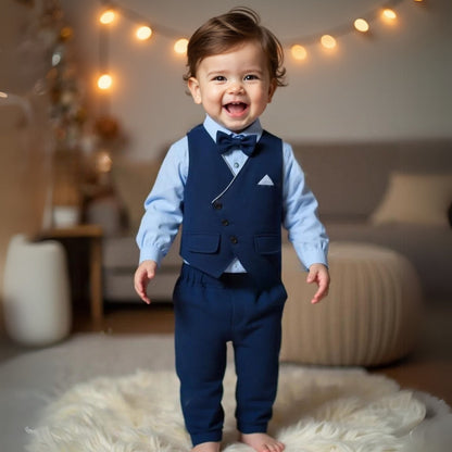 Boys Formal Outfit 3-Piece Set with Shirt Vest Pants Bow Tie Navy Light Blue for Weddings Parties Special Occasions Toddler Kids