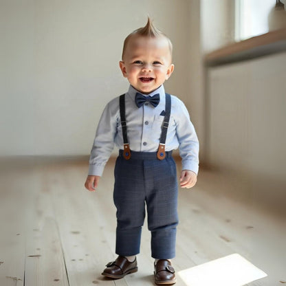 Boys Formal Outfit 3-Piece Set with Shirt Vest Pants Bow Tie Navy Light Blue for Weddings Parties Special Occasions Toddler Kids