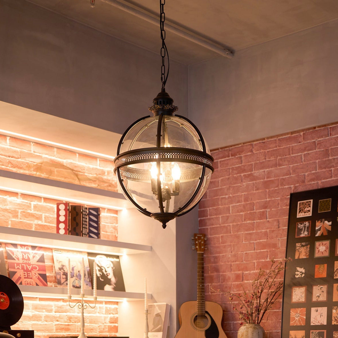 Plafonnier avec abat-jour en verre sphérique, douille E12, raccordement filaire, luminaire suspendu pour table de salle à manger, îlot de cuisine, coin-repas, style ferme moderne