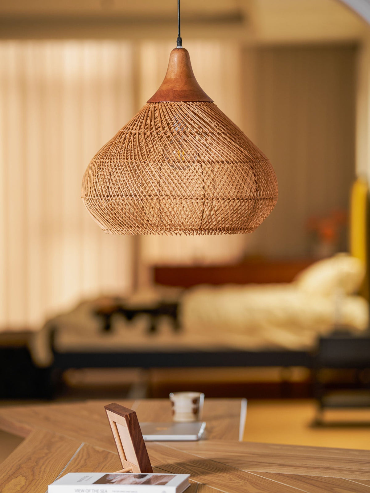 Handwoven Rattan Ceiling Light Fixture for Dining Room and Kitchen Island Over Table Adjustable Drop Natural Fiber Pendant Shade Wood Metal