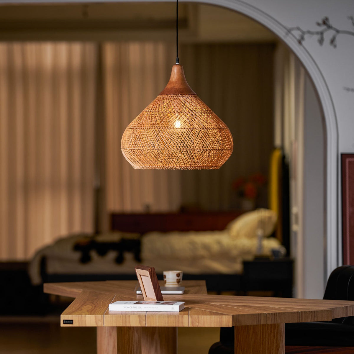 Handwoven Rattan Ceiling Light Fixture for Dining Room and Kitchen Island Over Table Adjustable Drop Natural Fiber Pendant Shade Wood Metal