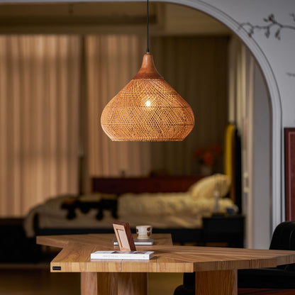 Handwoven Rattan Ceiling Light Fixture for Dining Room and Kitchen Island Over Table Adjustable Drop Natural Fiber Pendant Shade Wood Metal