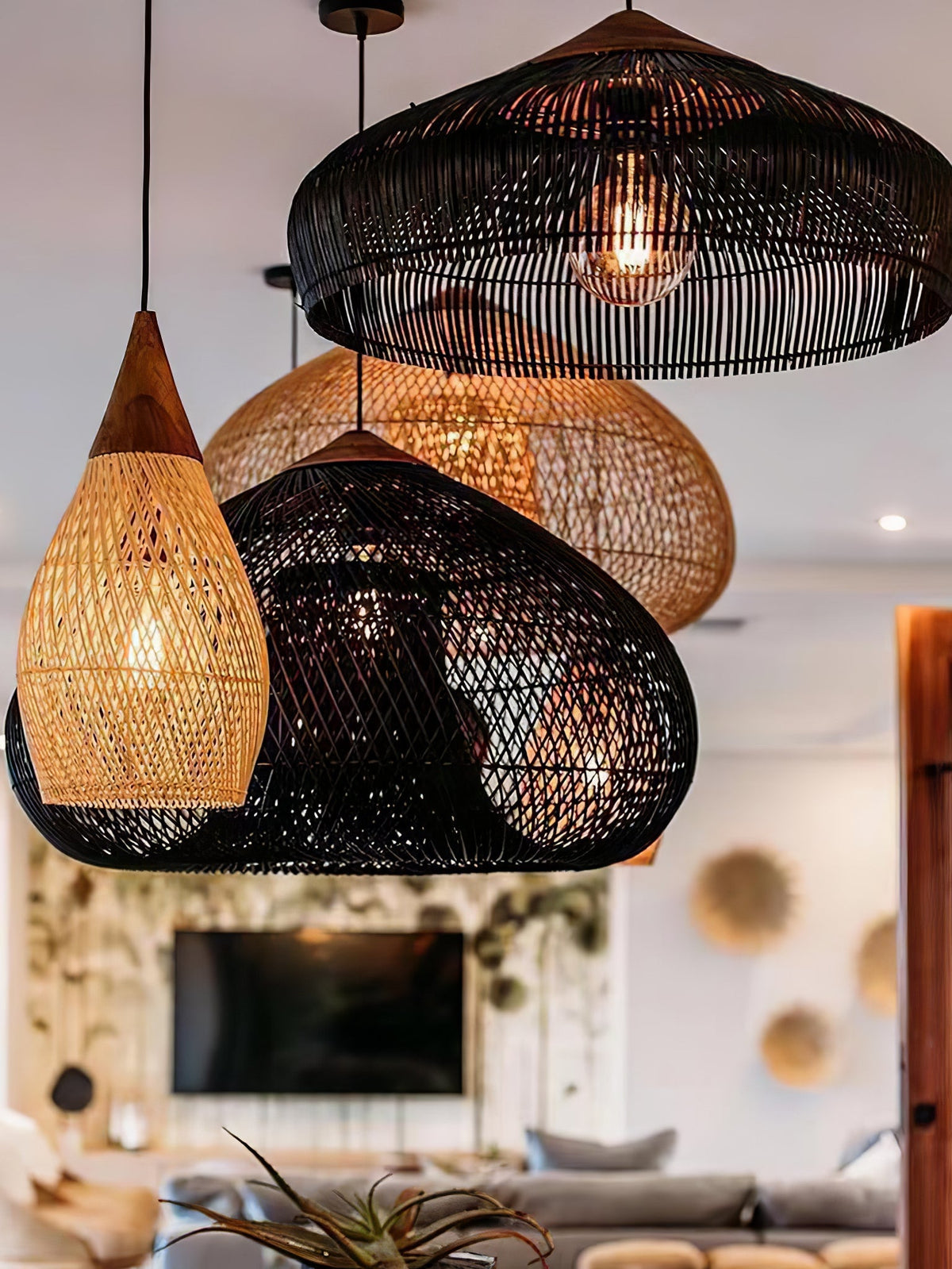 Handwoven Rattan Ceiling Light Fixture for Dining Room and Kitchen Island Over Table Adjustable Drop Natural Fiber Pendant Shade Wood Metal
