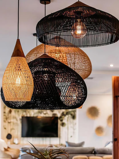 Handwoven Rattan Ceiling Light Fixture for Dining Room and Kitchen Island Over Table Adjustable Drop Natural Fiber Pendant Shade Wood Metal
