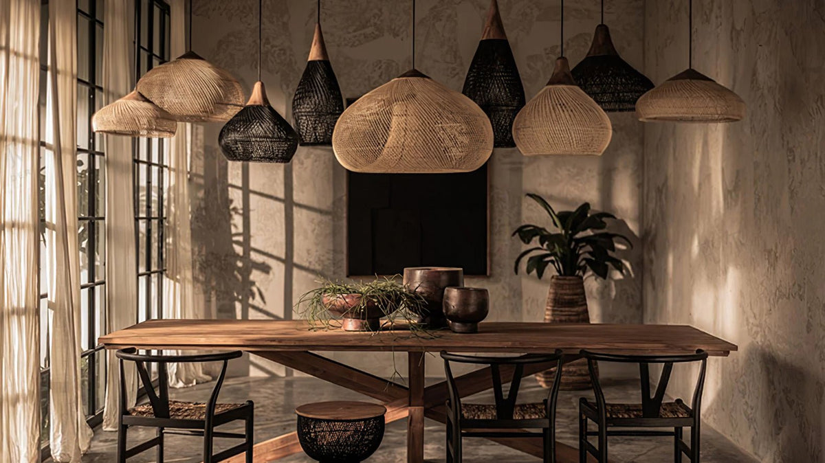 Handwoven Rattan Ceiling Light Fixture for Dining Room and Kitchen Island Over Table Adjustable Drop Natural Fiber Pendant Shade Wood Metal