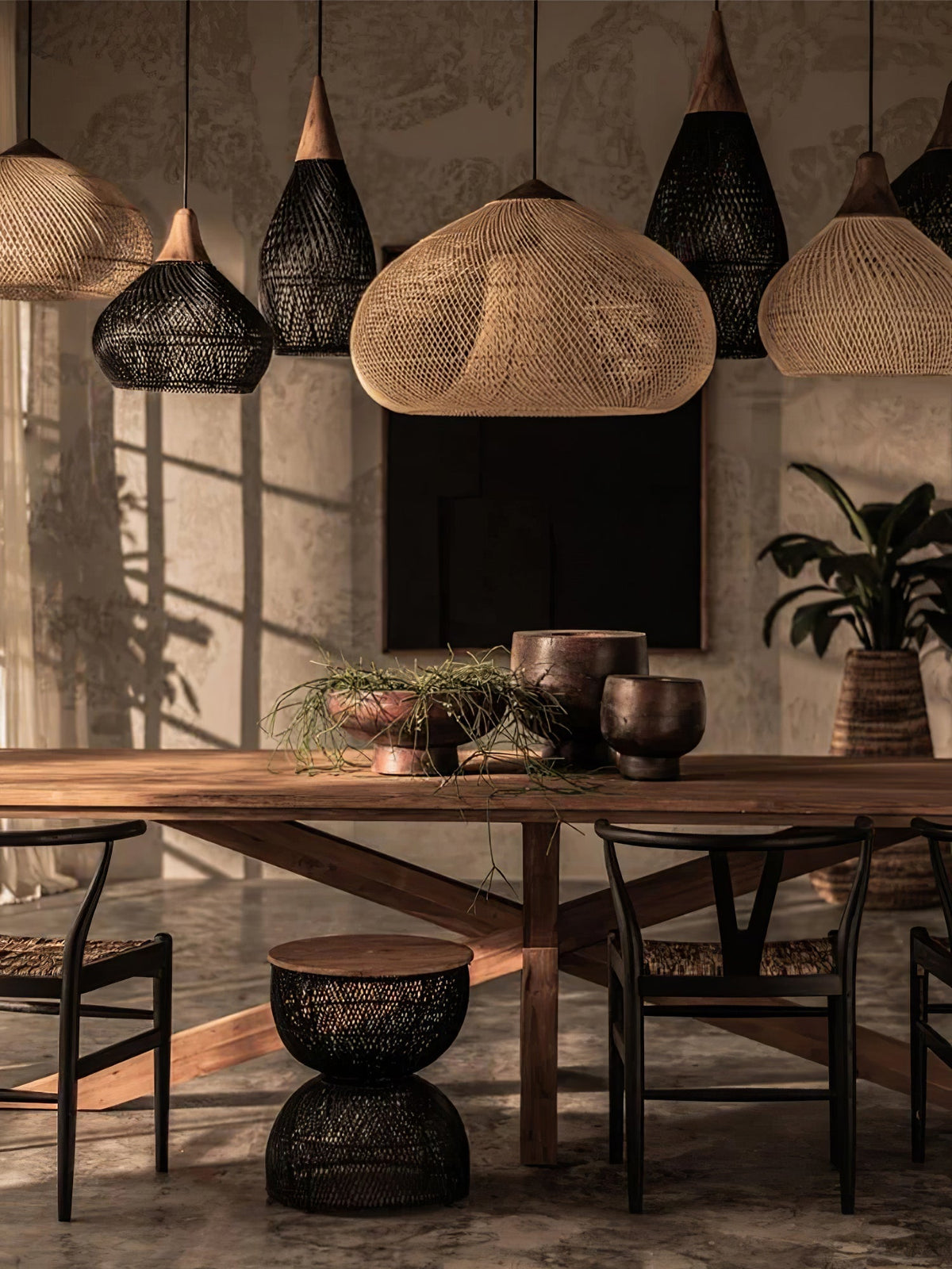 Handwoven Rattan Ceiling Light Fixture for Dining Room and Kitchen Island Over Table Adjustable Drop Natural Fiber Pendant Shade Wood Metal