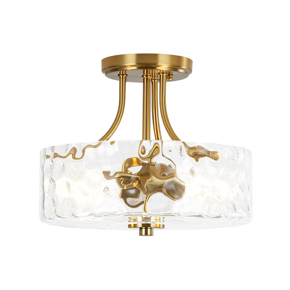 Textured Glass Semi-Flush Ceiling Light 12 Inch Round Drum for Bedrooms Bathrooms Hallways Entryways Compact Spaces Two Bulb Metal Frame Mod