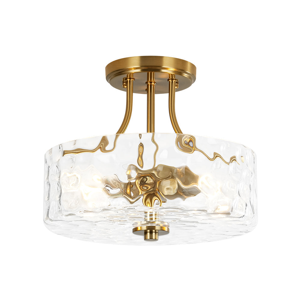 Textured Glass Semi-Flush Ceiling Light 12 Inch Round Drum for Bedrooms Bathrooms Hallways Entryways Compact Spaces Two Bulb Metal Frame Mod