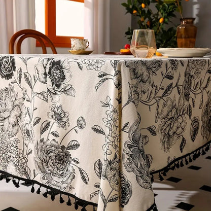 Brielle Custom Tablecloth - Cotton Polyester Blend, Floral Tassels