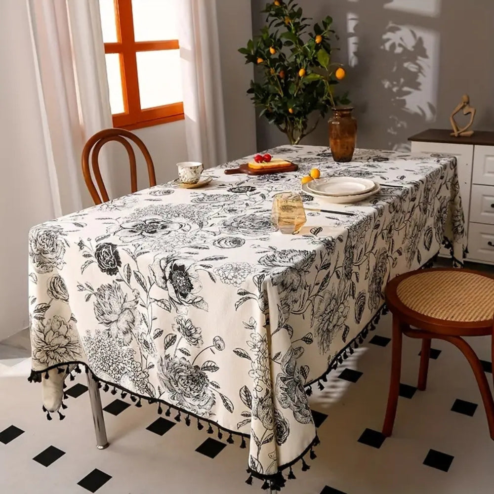 Brielle Custom Tablecloth - Cotton Polyester Blend, Floral Tassels