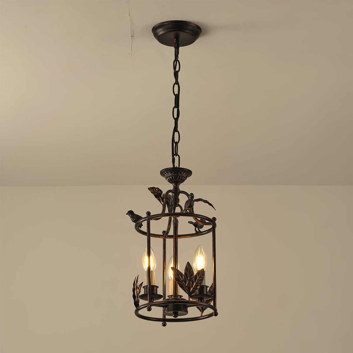 Metal Lantern Ceiling Light 10-Inch Hanging Fixture with Bird Motif for Dining Room Entryway Vintage-Style Chain Suspension