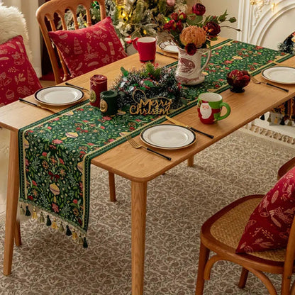 Tropical Botanical Table Runner - Festive Polyester with Tassels