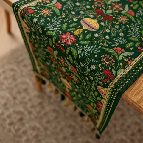 Tropical Botanical Table Runner - Festive Polyester with Tassels