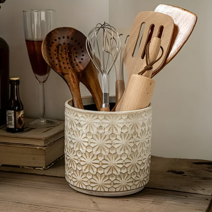 Brisa Utensil Holder - Ceramic, Embossed Floral Design