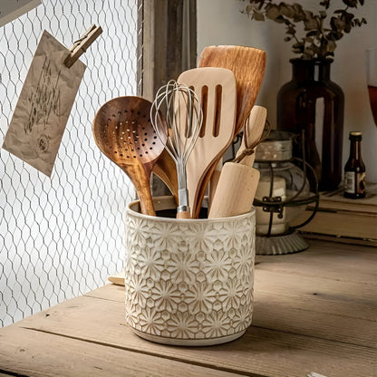 Brisa Utensil Holder - Ceramic, Embossed Floral Design